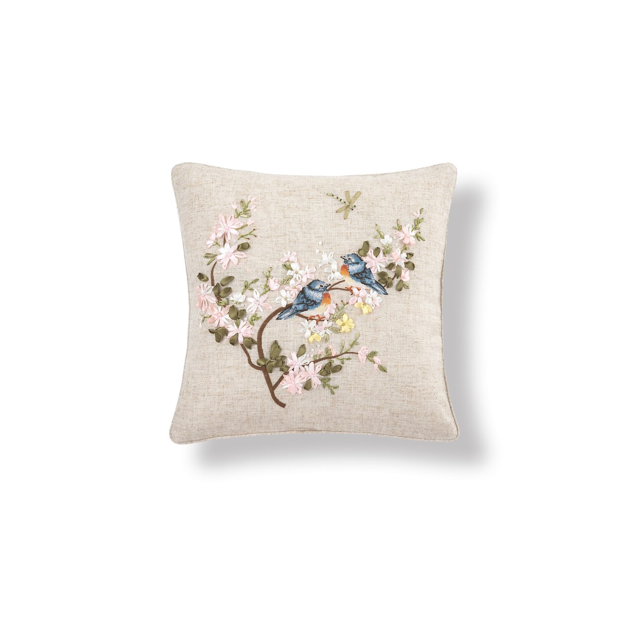 Bluebird Spring Floral Ribbon Art Decorative Accent Throw Pillow, 16" x 16"